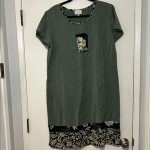 Vtg Naturally Yours Honolulu Hawaiian Green Floral Trim Midi Dress Size L